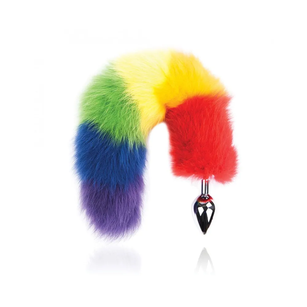 Rainbow Foxy Tail  Fur Tail With Stainless Steel Butt Plug