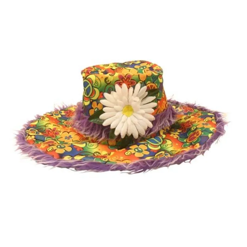 Rainbow Hippie Costume Hat with Purple Fur Trim