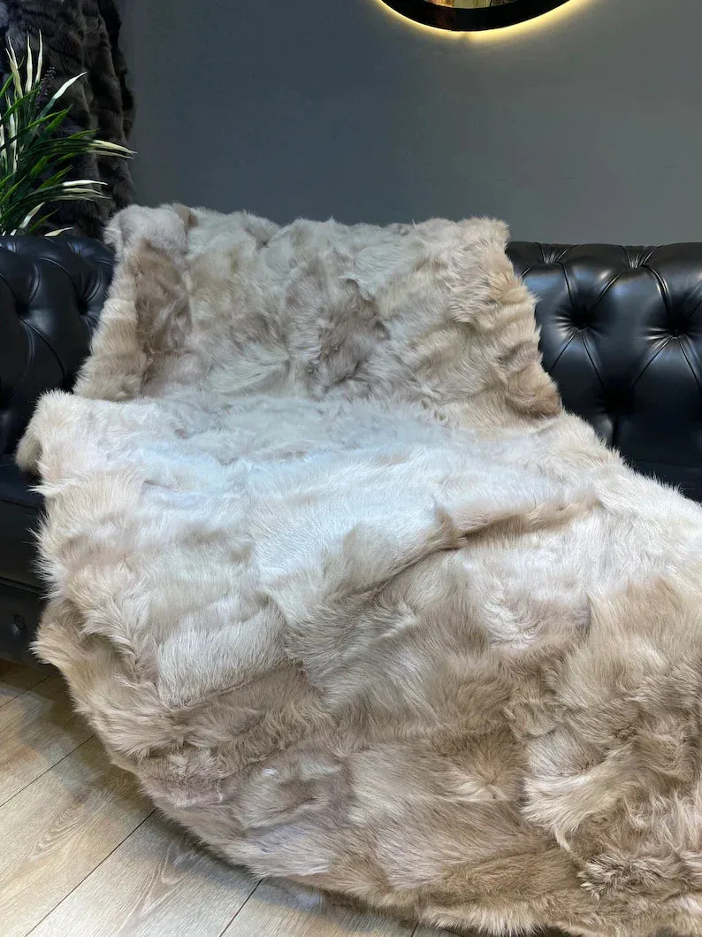 Real Sheepskin Fur Blanket Throw, Personalized Handmade Fur Bedspread