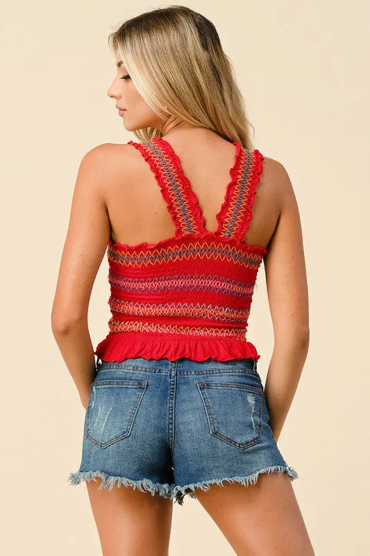 Red Multi Color Smocked Crop Top