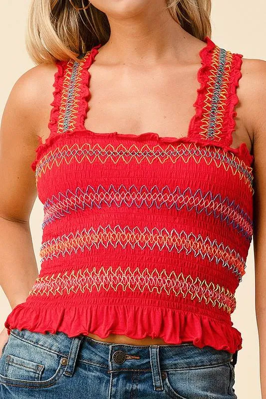 Red Multi Color Smocked Crop Top