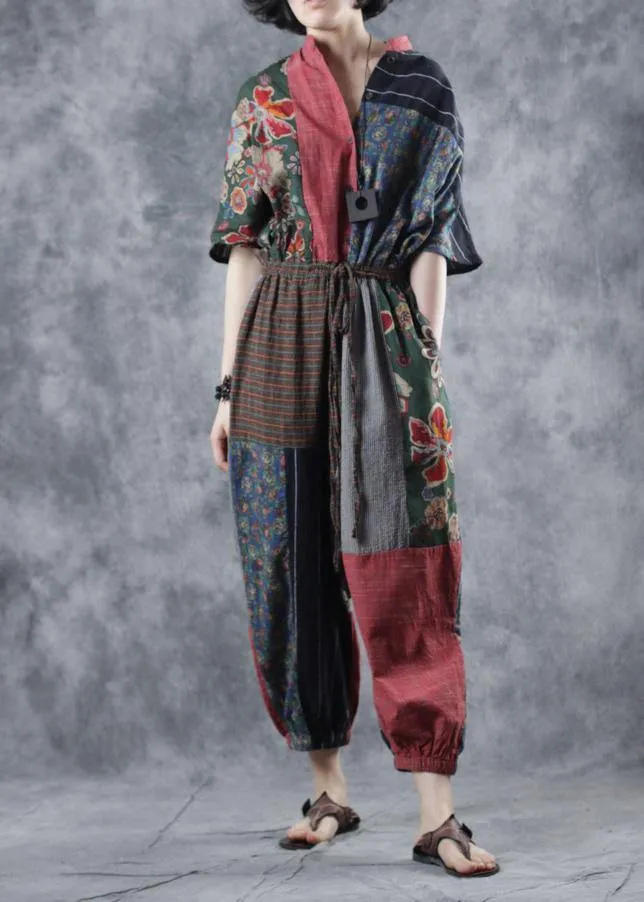 Red printed jumpsuit tie waist loose wide leg pants