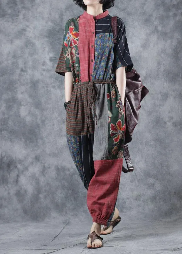 Red printed jumpsuit tie waist loose wide leg pants