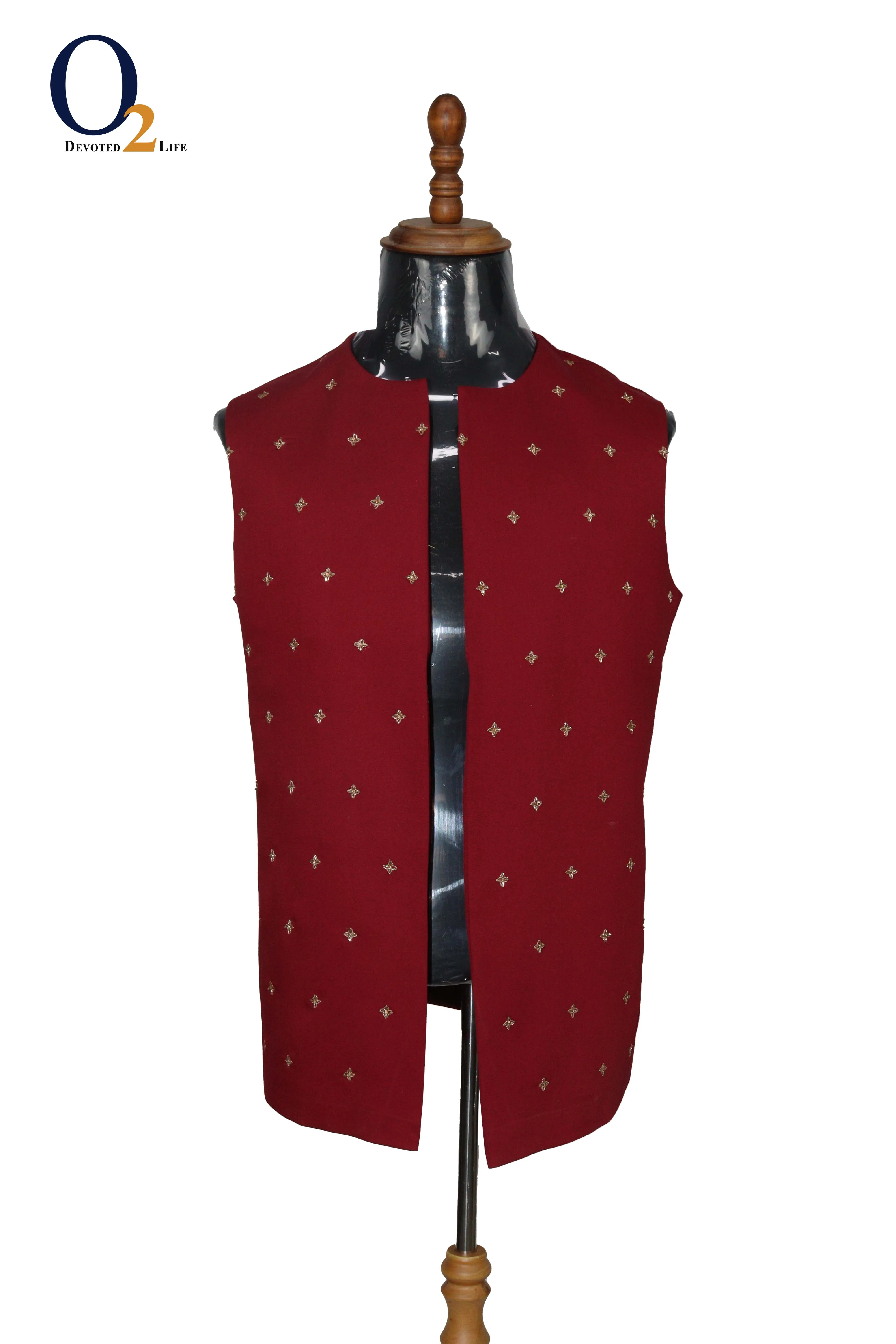 Red Zardozi handwork open long vest