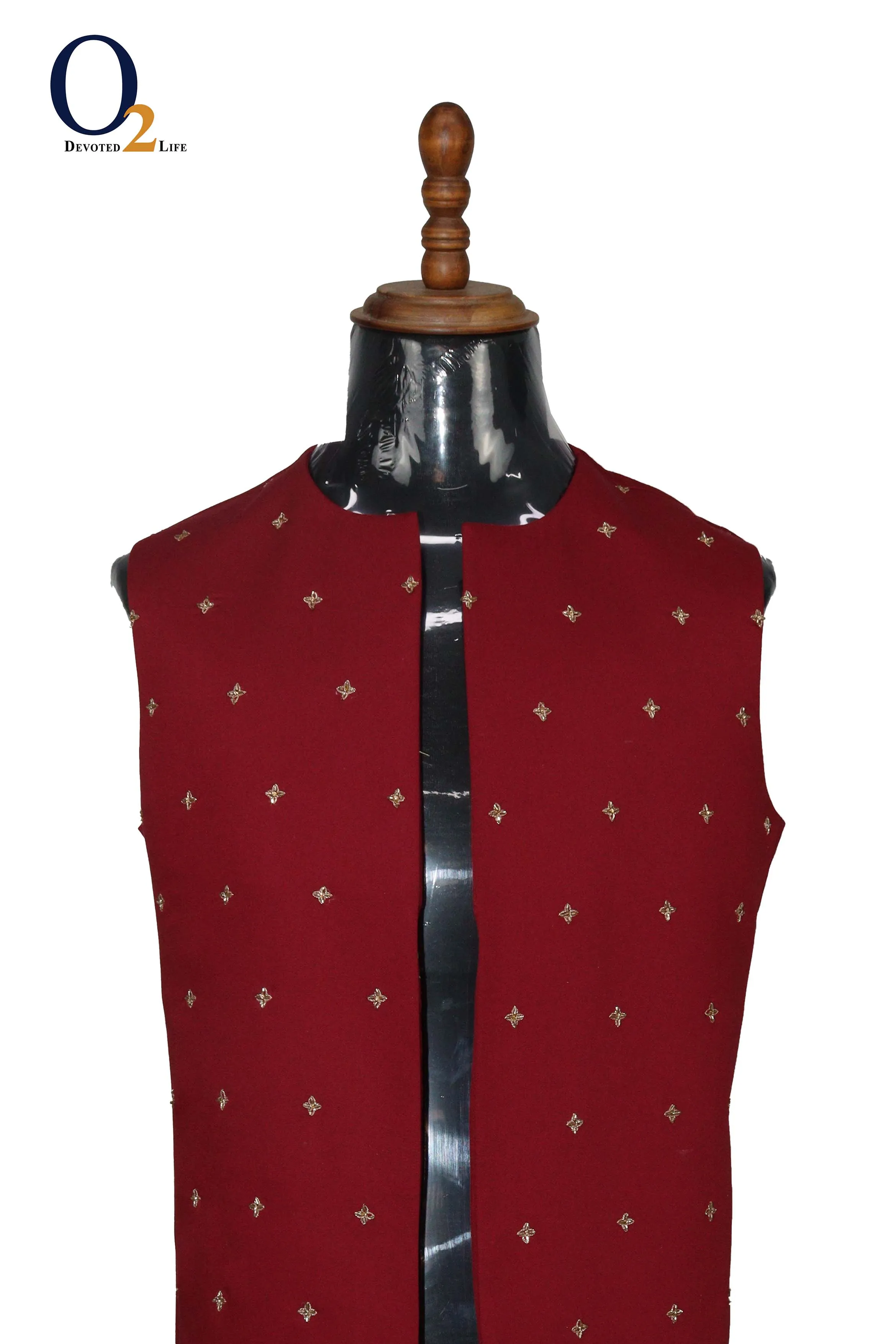 Red Zardozi handwork open long vest