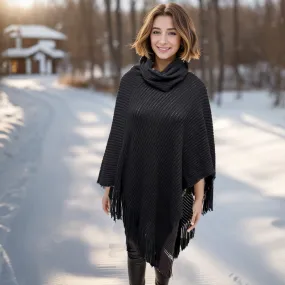 Relovo - Collared Knitted Poncho - Black