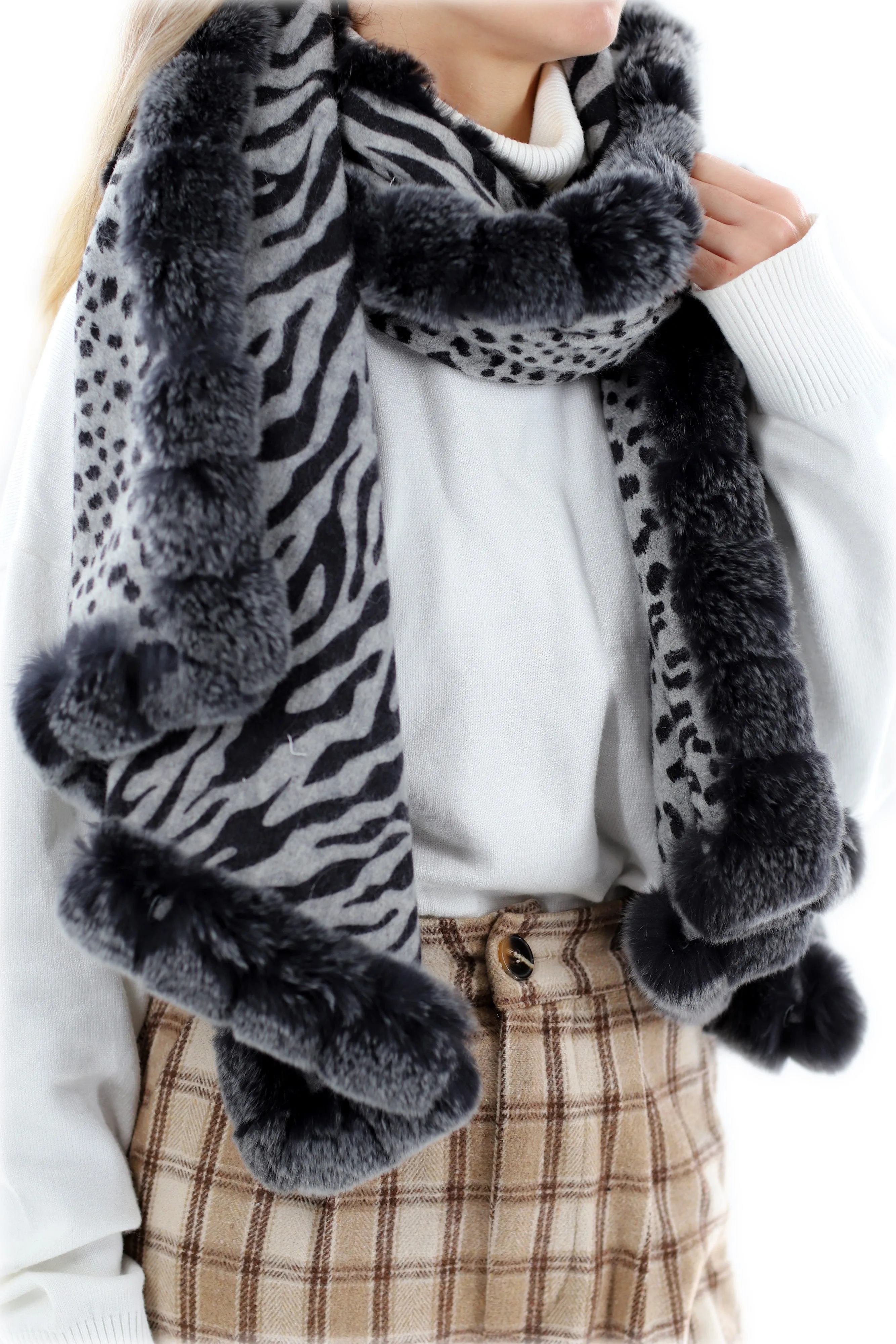 Reversible Grey Leopard Print Wrap with Genuine Rex Rabbit Fur Trim - Grey Leopard