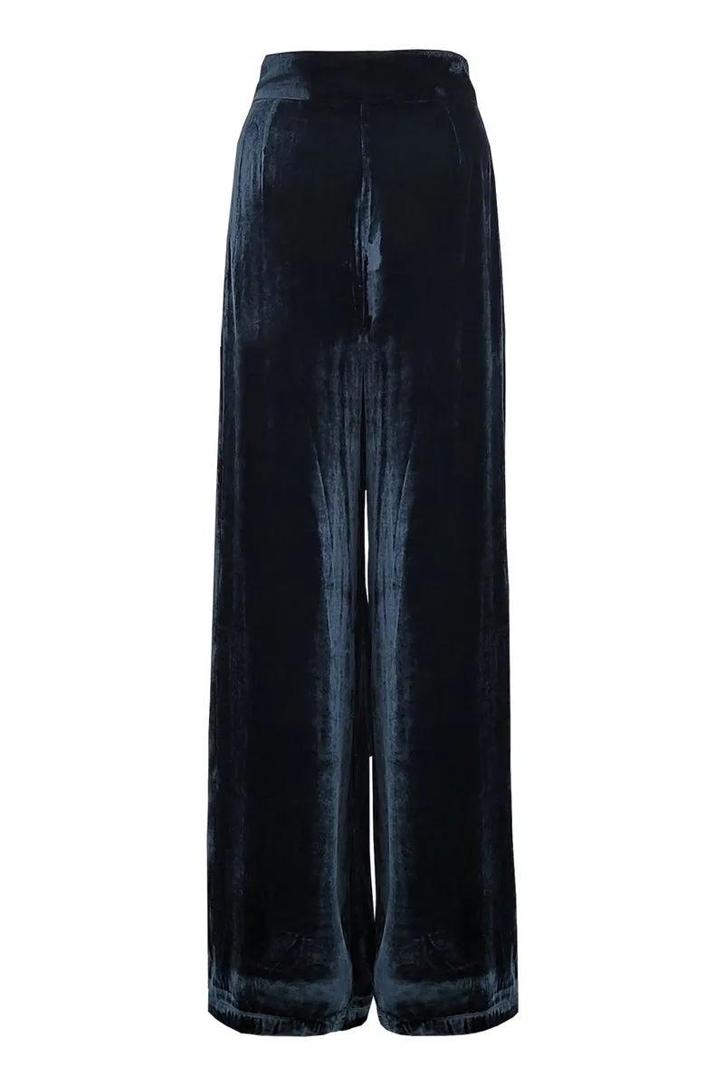 Rhea Velvet Hi Waisted Wide Leg Pants - Sapphire