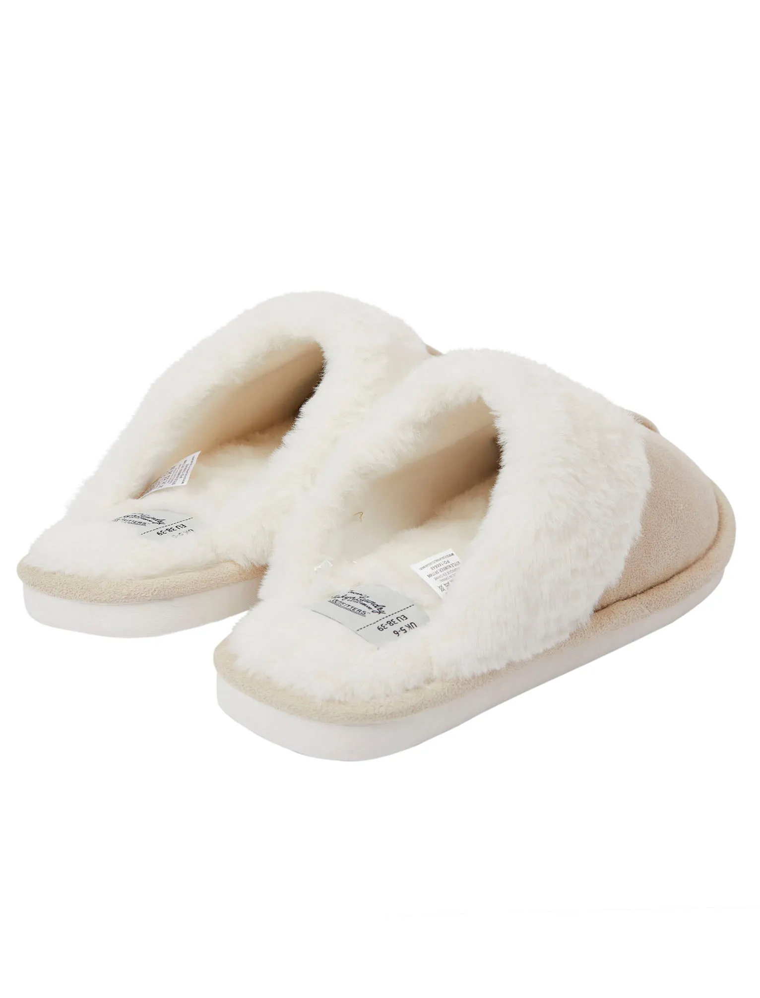 Rio Faux Suede Mule Slippers with Faux Fur Lining & Trim in Beige - Tokyo Laundry