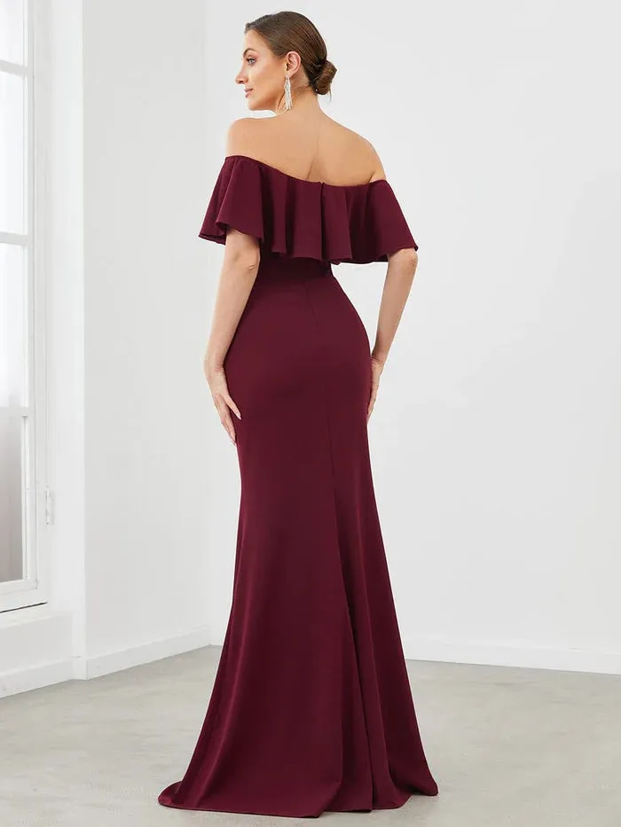 Ruffle Fold-Over Bodycon Strapless Evening Dress