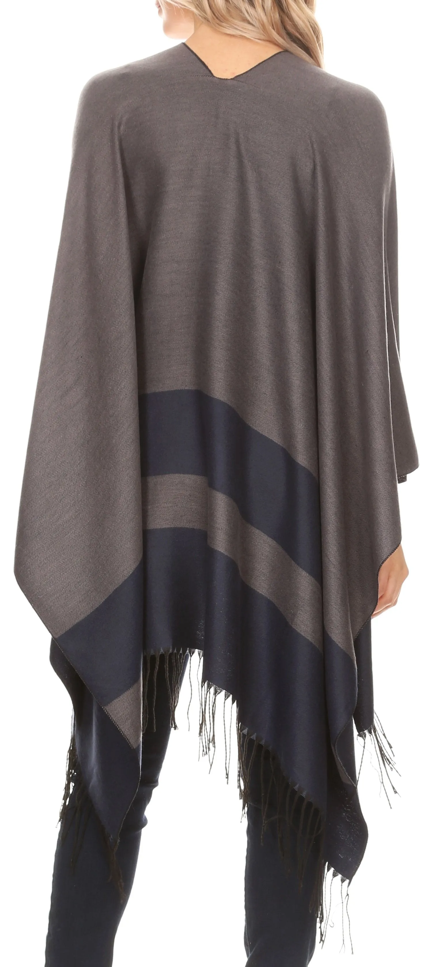 Sakkas Avi Women's Reversible Open Front Poncho Cardigan Ruana Cape Shawl W/Fringe