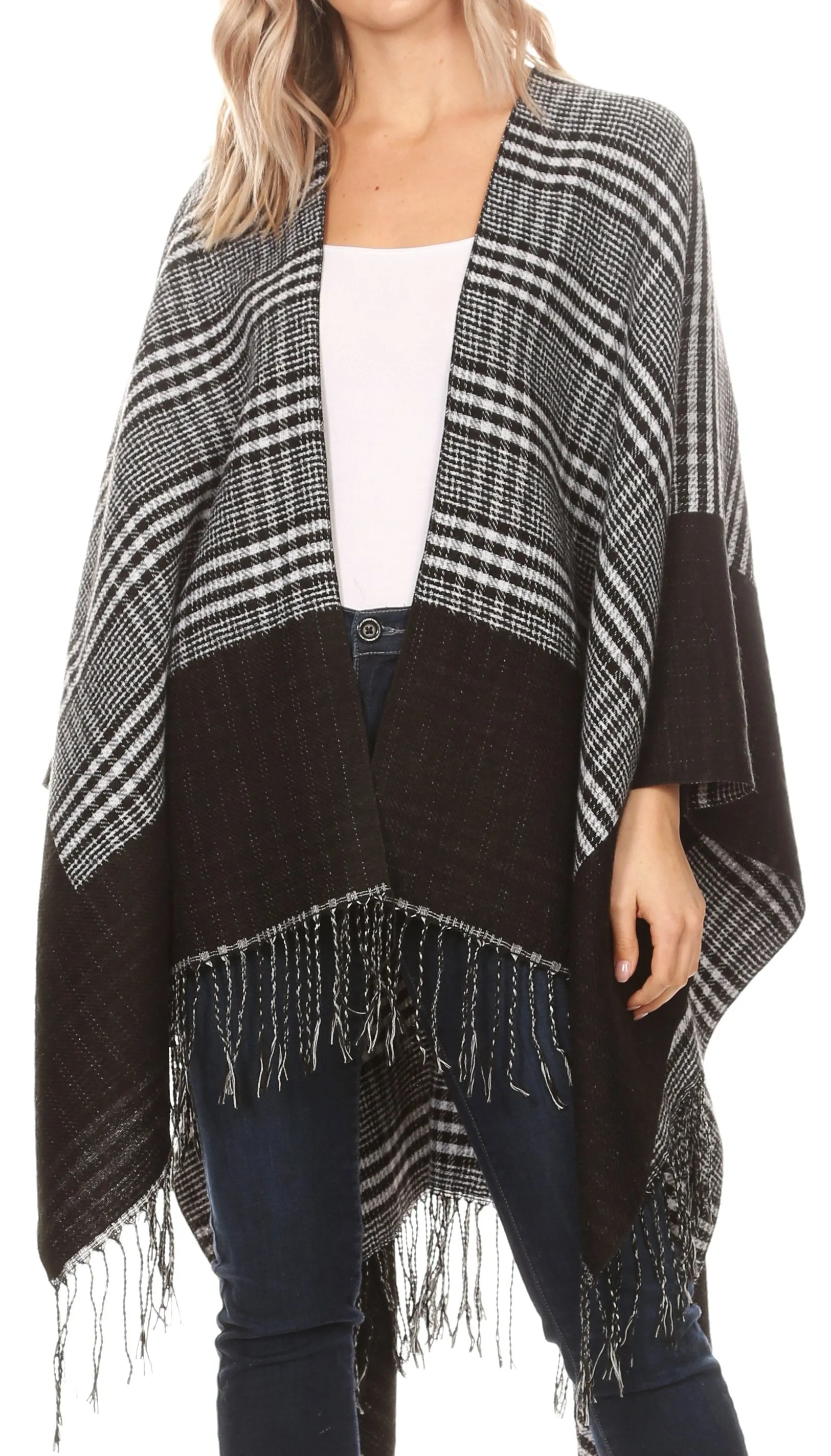 Sakkas Avi Women's Reversible Open Front Poncho Cardigan Ruana Cape Shawl W/Fringe