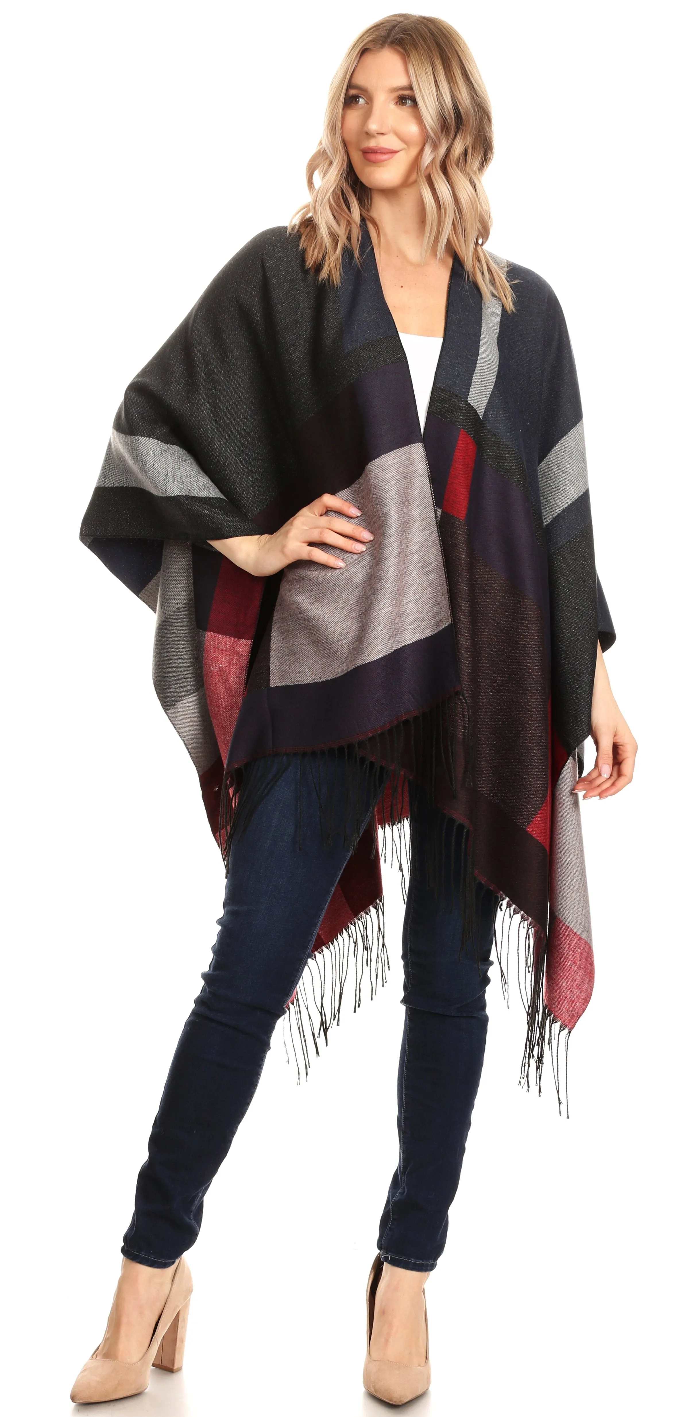 Sakkas Avi Women's Reversible Open Front Poncho Cardigan Ruana Cape Shawl W/Fringe