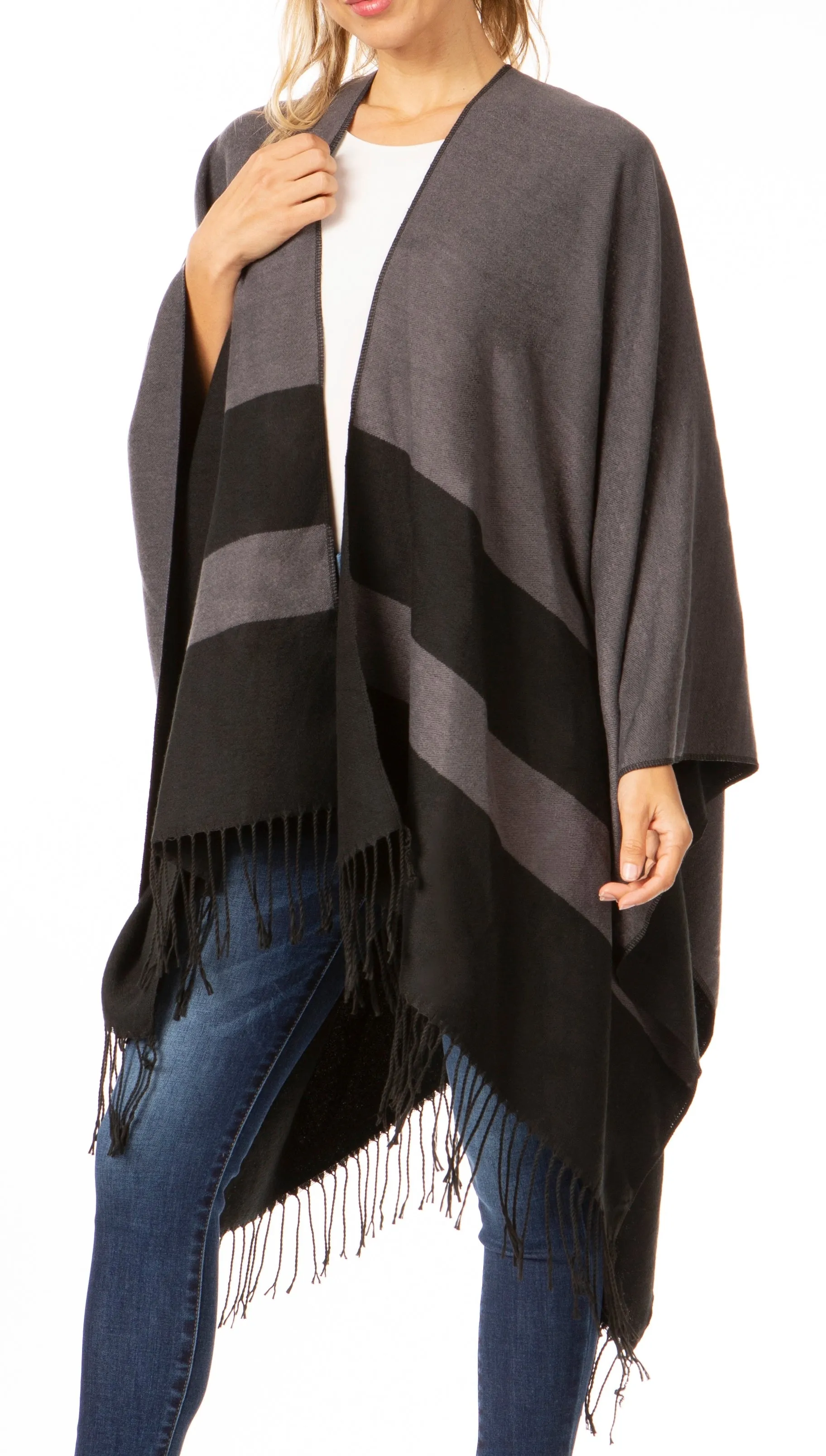 Sakkas Avi Women's Reversible Open Front Poncho Cardigan Ruana Cape Shawl W/Fringe