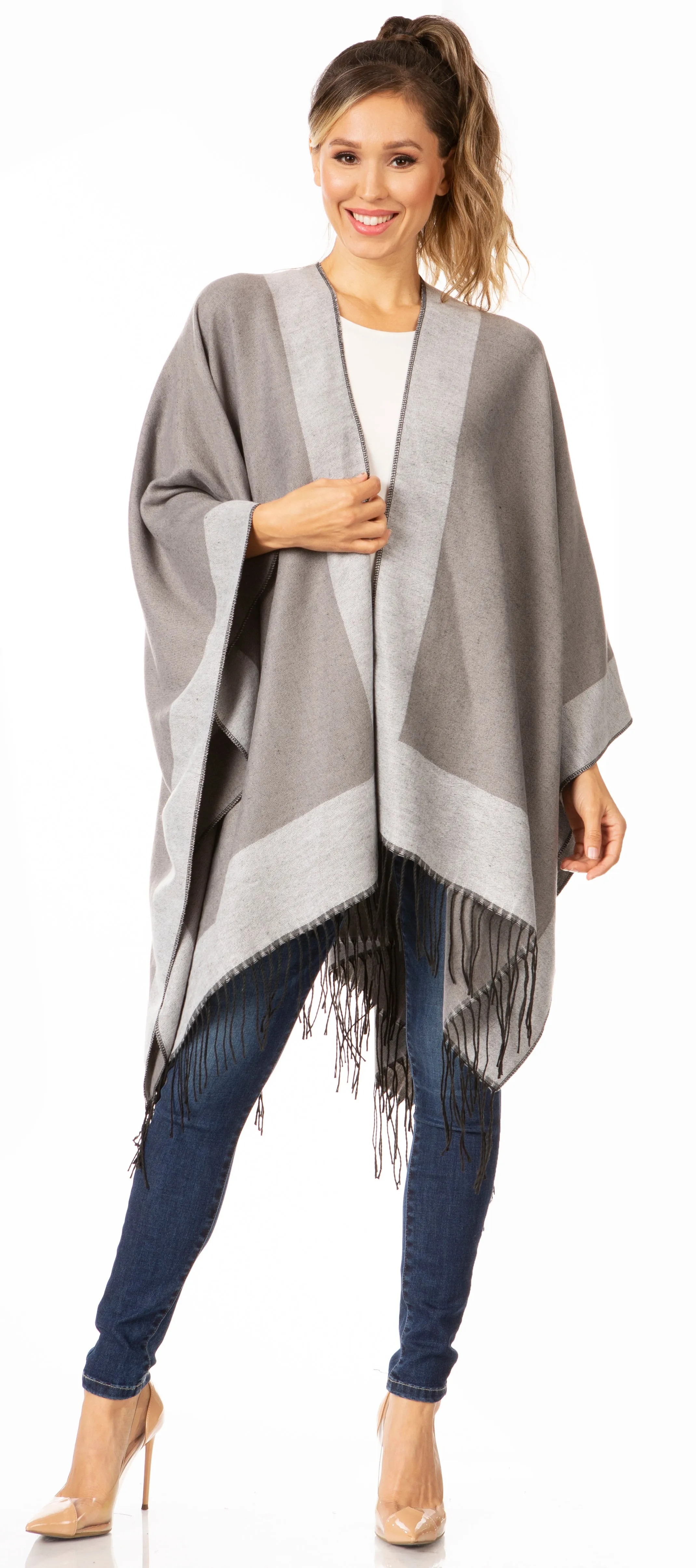 Sakkas Avi Women's Reversible Open Front Poncho Cardigan Ruana Cape Shawl W/Fringe