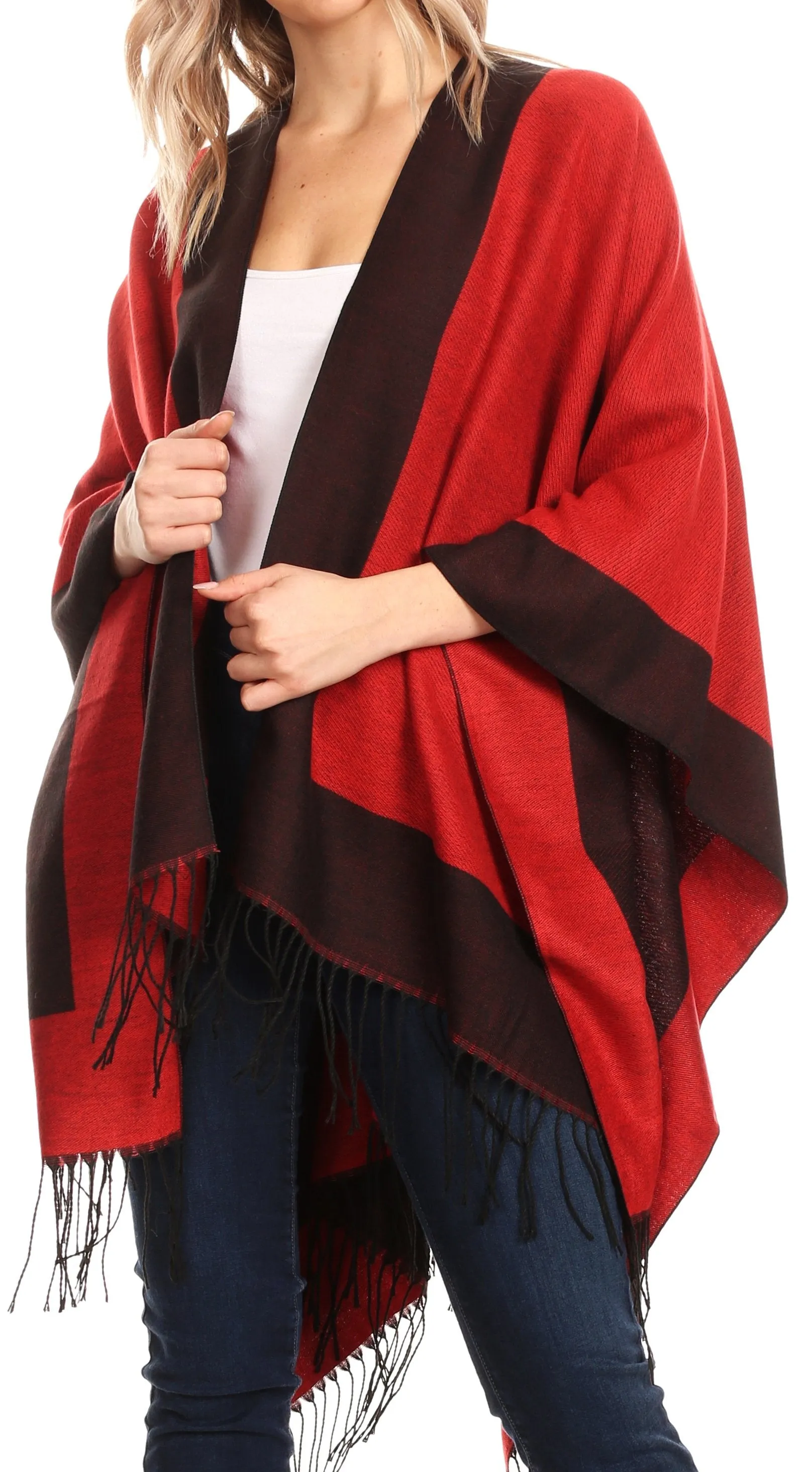 Sakkas Avi Women's Reversible Open Front Poncho Cardigan Ruana Cape Shawl W/Fringe