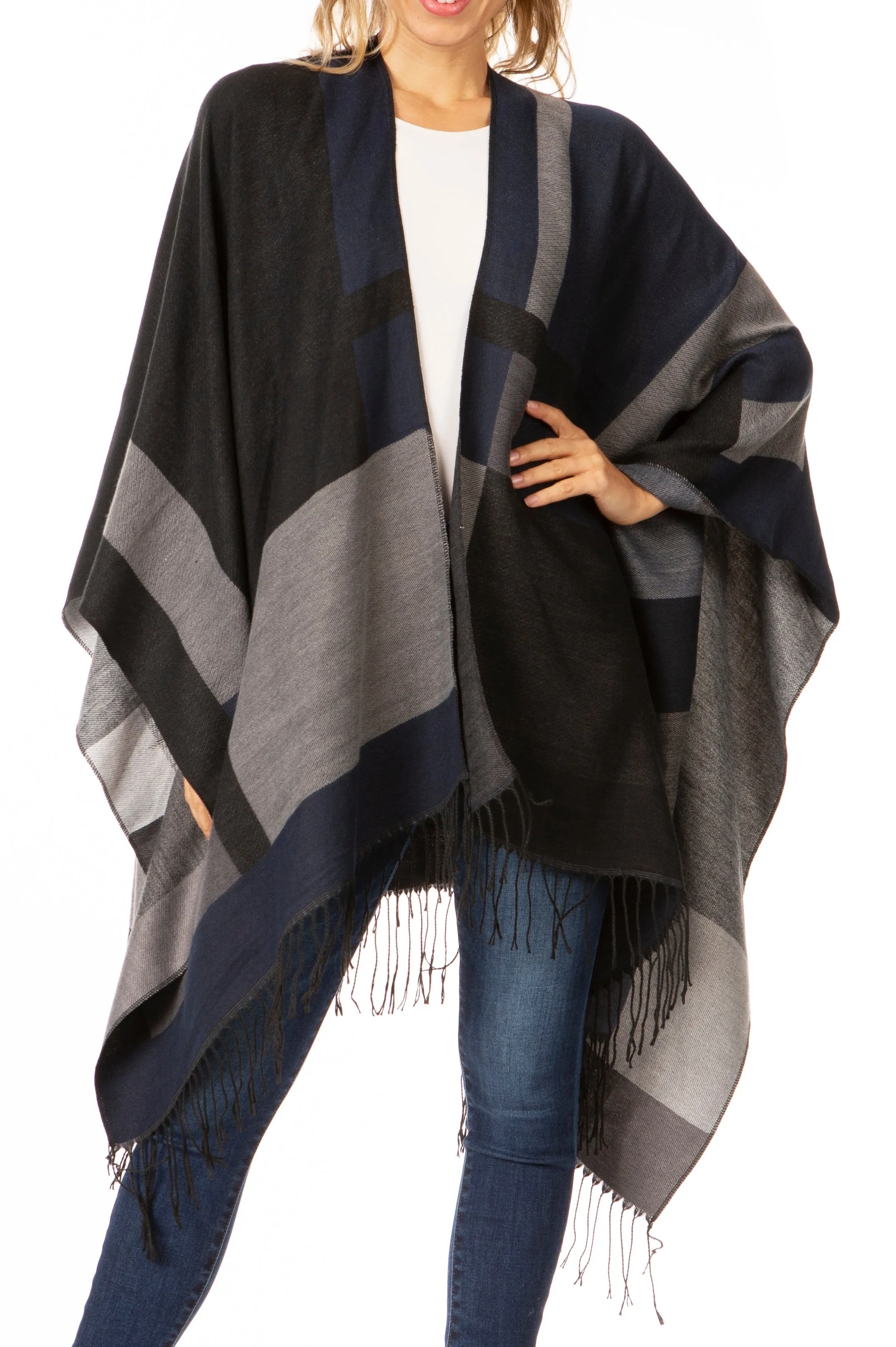 Sakkas Avi Women's Reversible Open Front Poncho Cardigan Ruana Cape Shawl W/Fringe