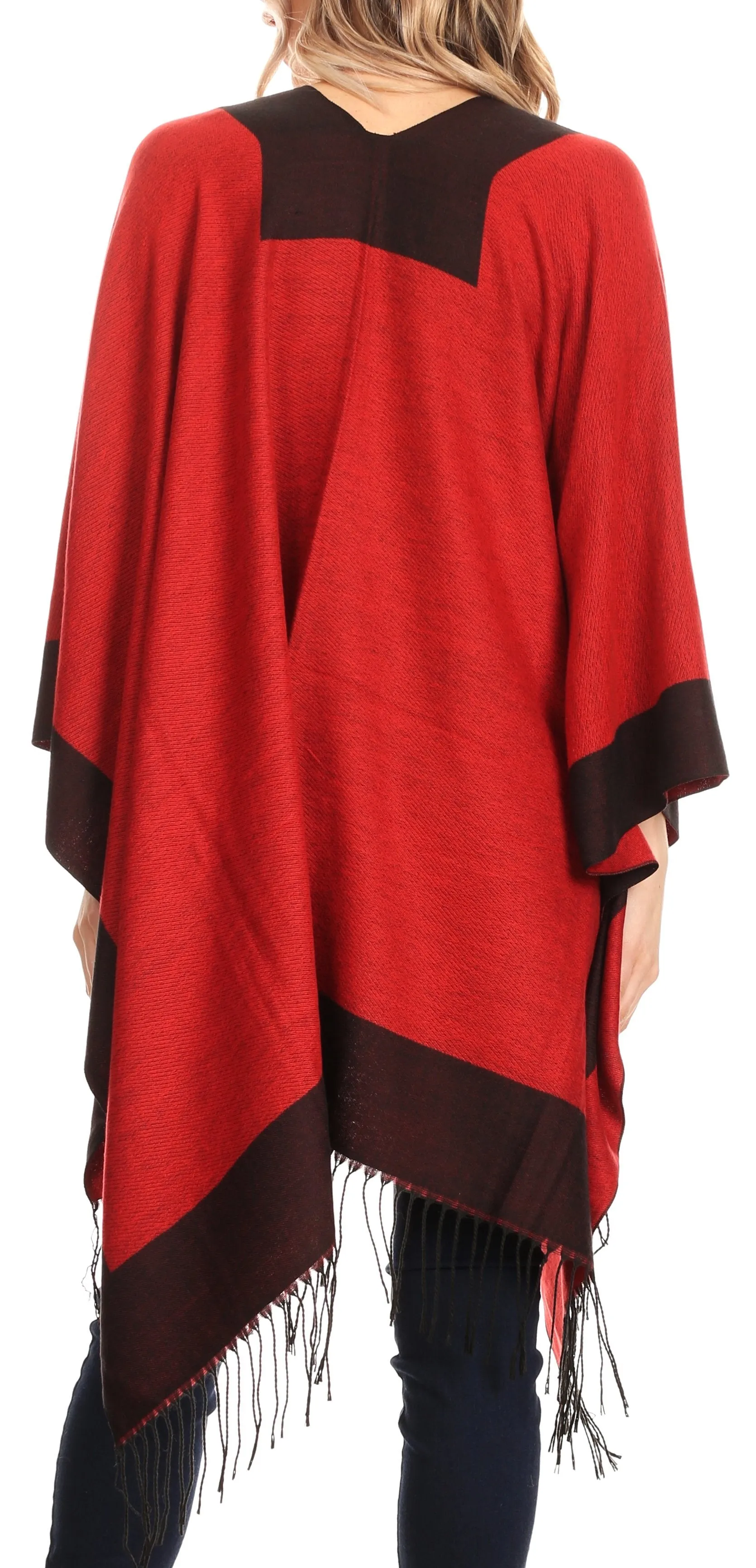 Sakkas Avi Women's Reversible Open Front Poncho Cardigan Ruana Cape Shawl W/Fringe