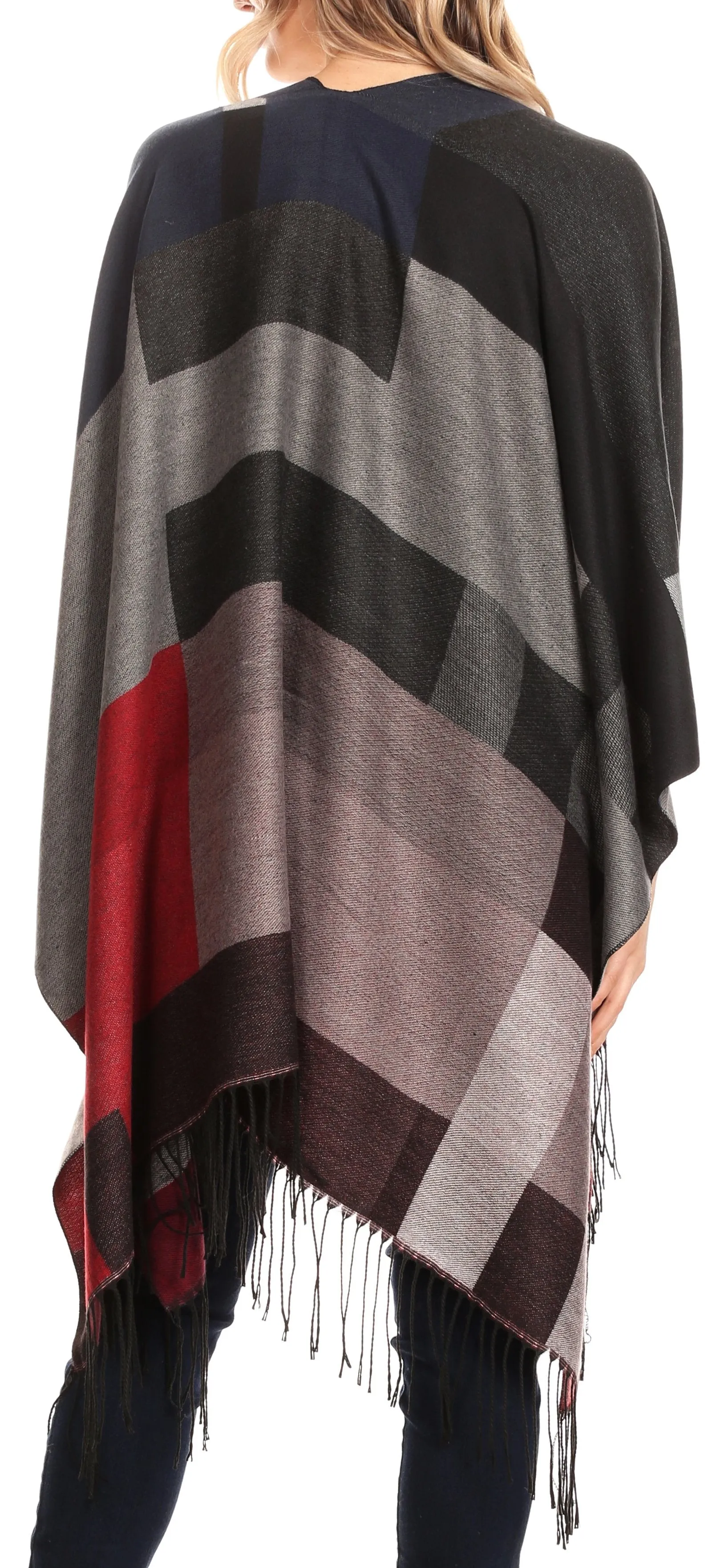 Sakkas Avi Women's Reversible Open Front Poncho Cardigan Ruana Cape Shawl W/Fringe