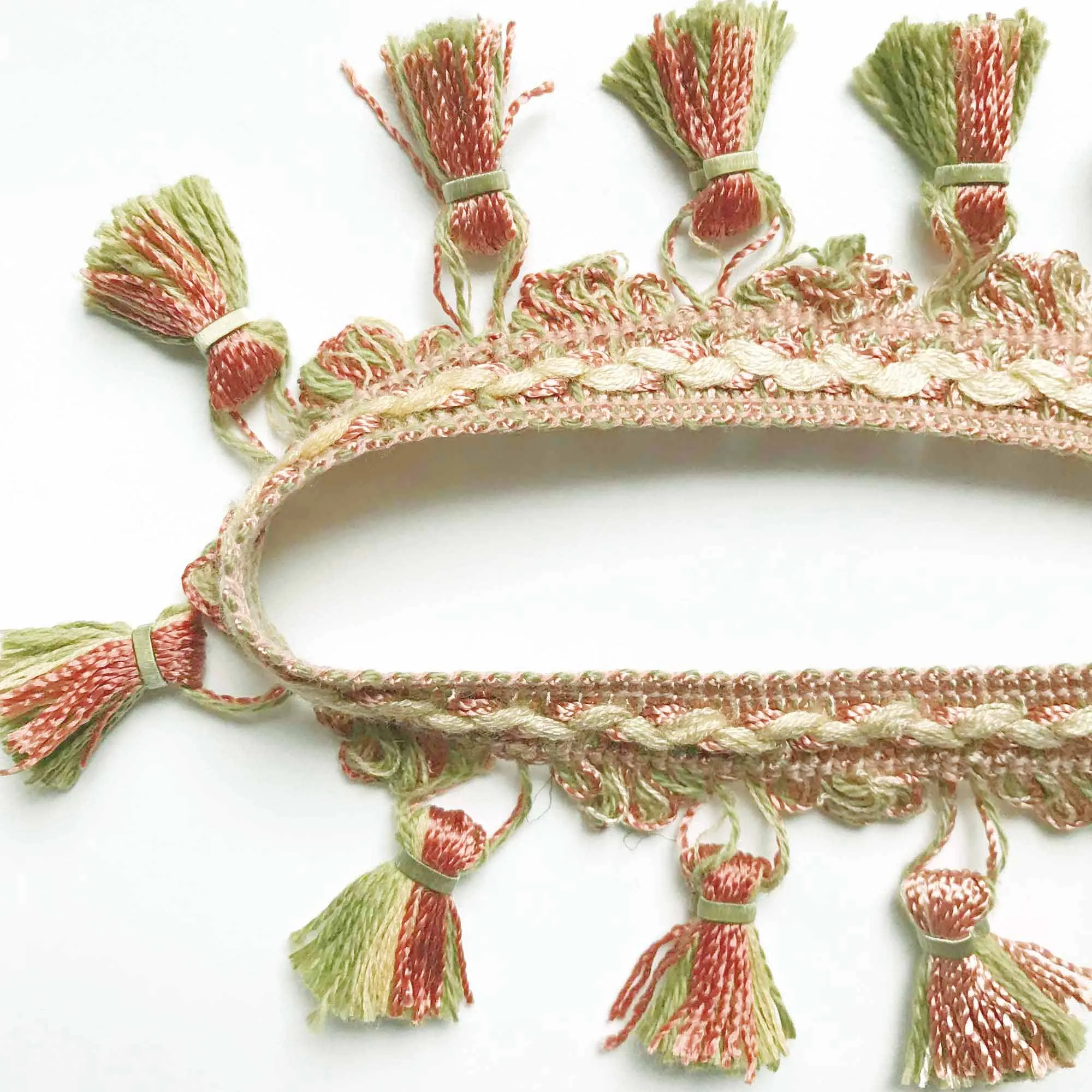 Salmon and Moss Green High Quality Decorative Tassel Trim by the yard