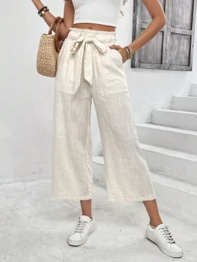 SHEIN Frenchy Solid Color Pocketed Tie-Waist Paper Bag Pants, Casual Long Trousers