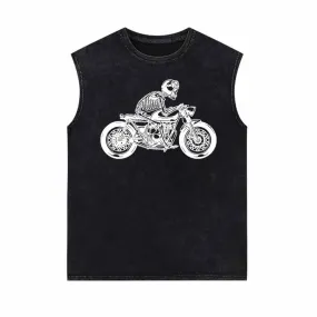 Skeleton Riding Motorcycle Print Vintage Washed Vest Top