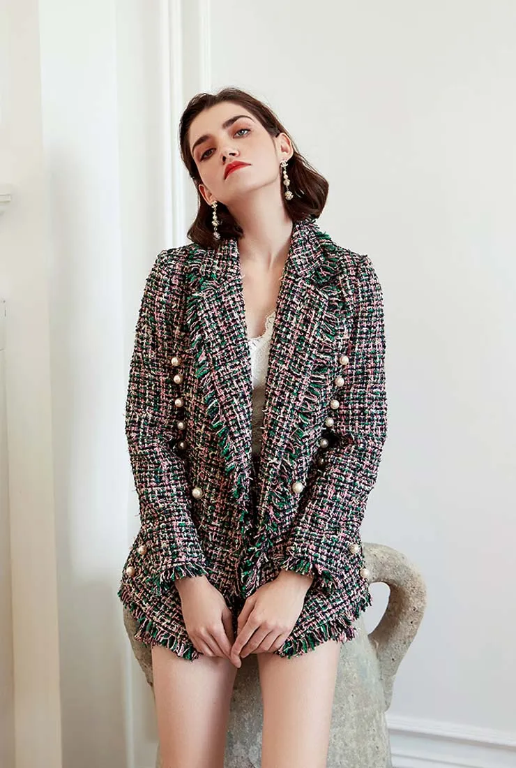 Slim-Fit Pearl Decoration Colorful Fringed Tweed Coat