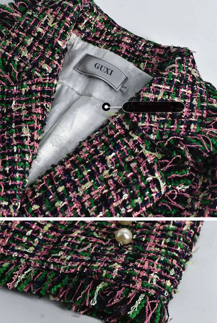 Slim-Fit Pearl Decoration Colorful Fringed Tweed Coat