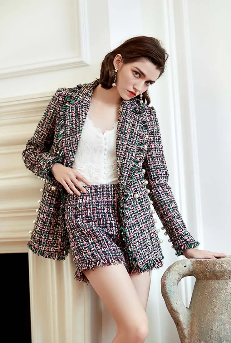 Slim-Fit Pearl Decoration Colorful Fringed Tweed Coat