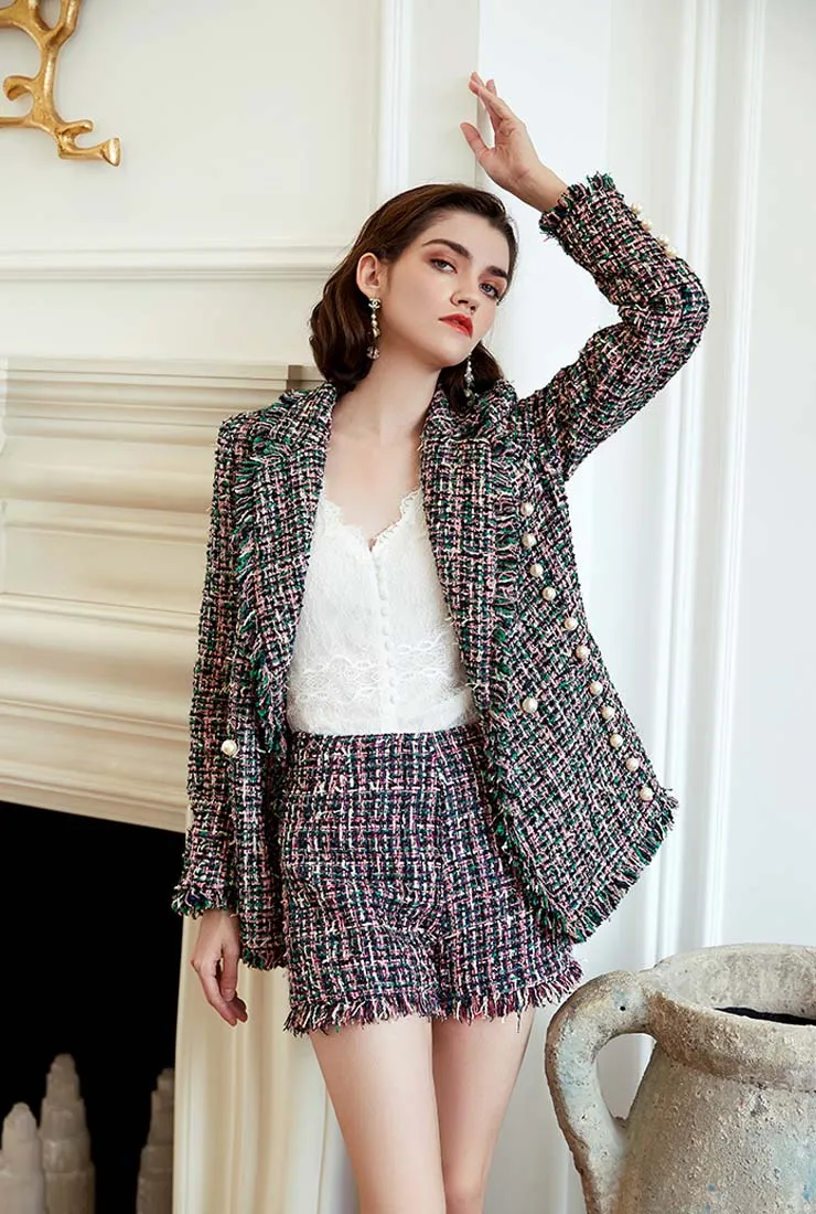 Slim-Fit Pearl Decoration Colorful Fringed Tweed Coat