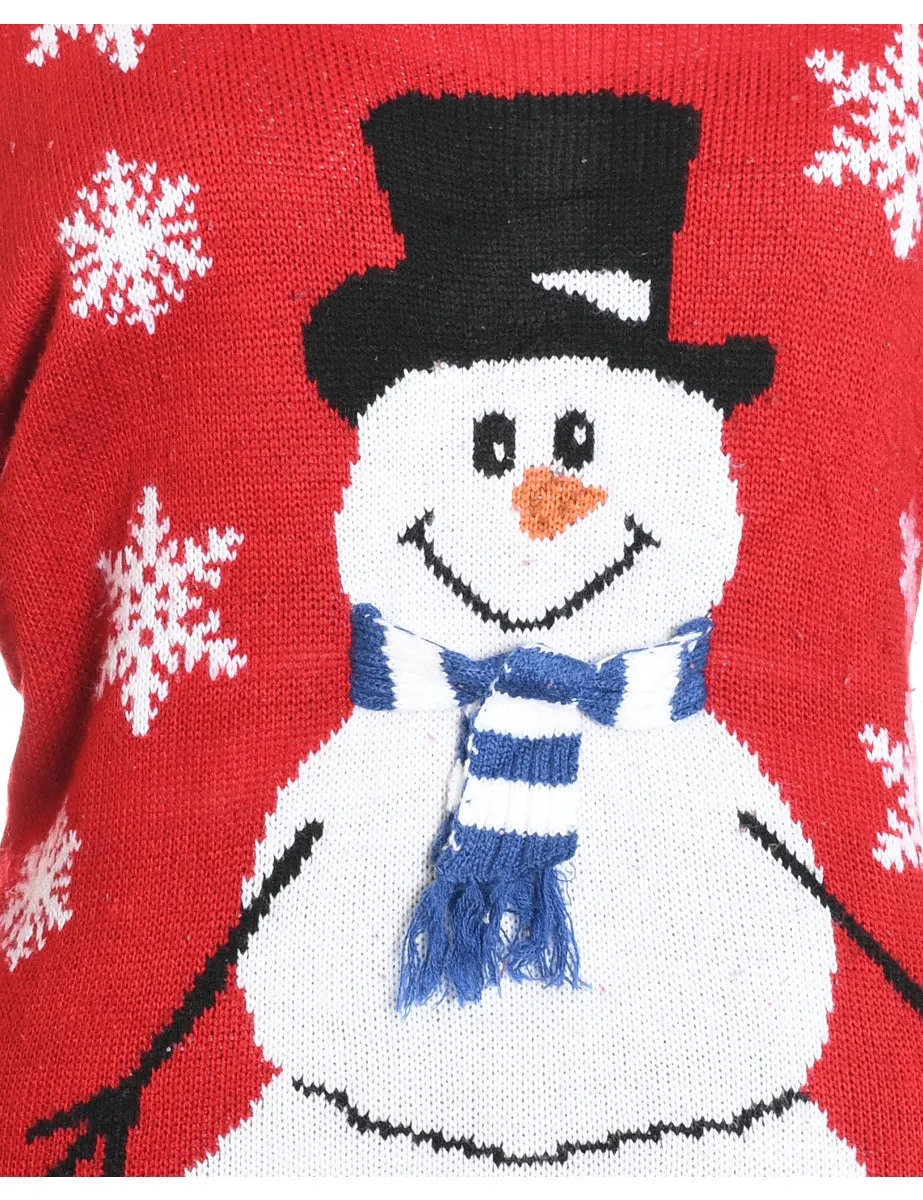 Snowman Design Red Knit Christmas Jumper - XL