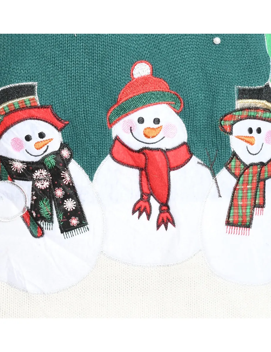 Snowman Green Appliqued Christmas Jumper - M