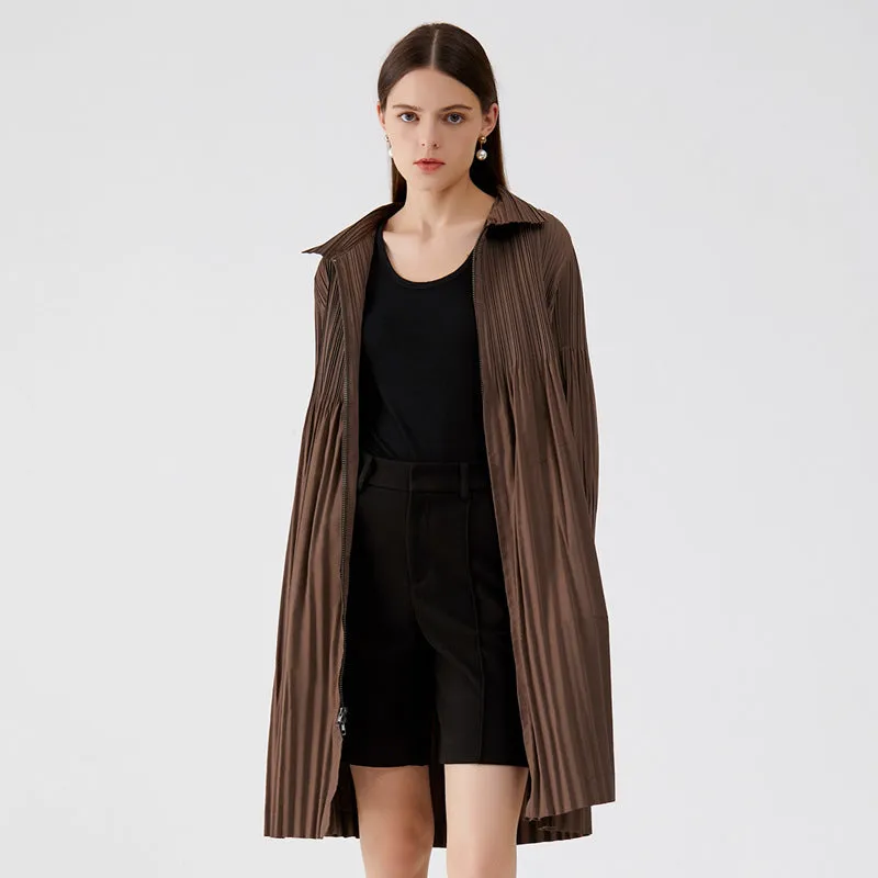 Solid Regular Zipper Loose Pleated Turn-Down Collar Slit Thin Coat