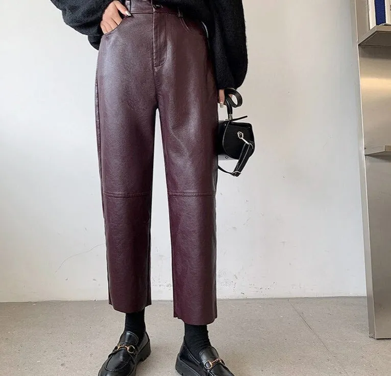 Spring Autumn PU Leather Pants Women High Waist Pockets Faux Leather Harem Pants