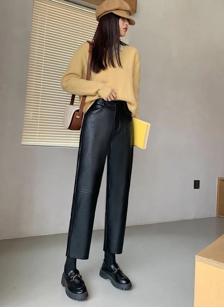 Spring Autumn PU Leather Pants Women High Waist Pockets Faux Leather Harem Pants