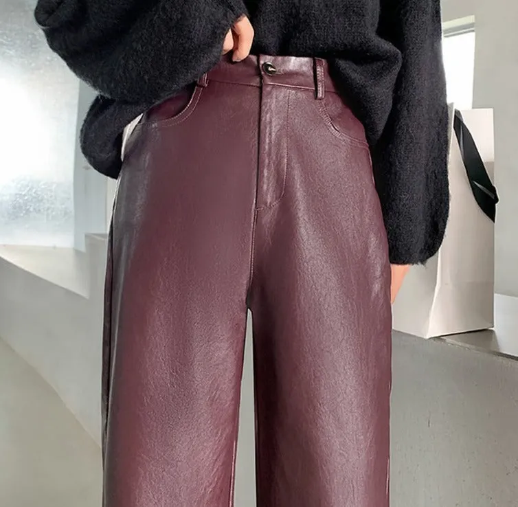 Spring Autumn PU Leather Pants Women High Waist Pockets Faux Leather Harem Pants