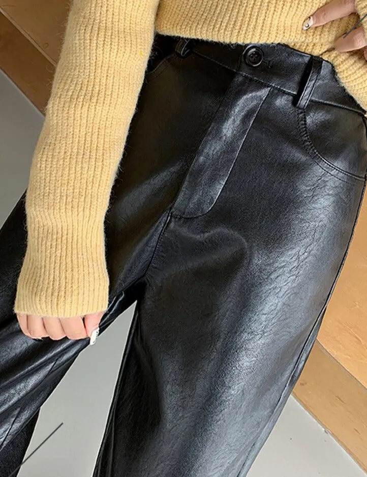 Spring Autumn PU Leather Pants Women High Waist Pockets Faux Leather Harem Pants