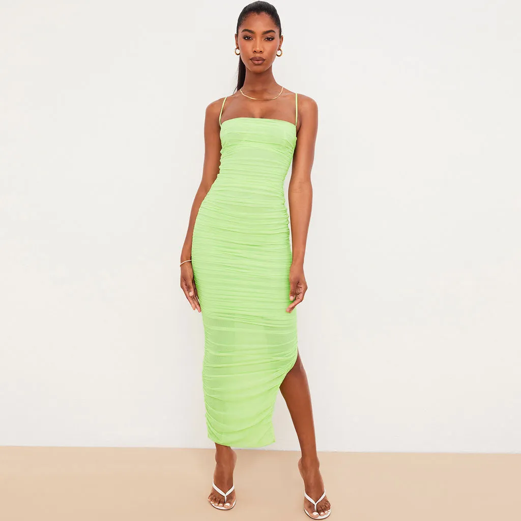 Square Neck High Slit Ruched Mesh Cocktail Party Maxi Dress - Green