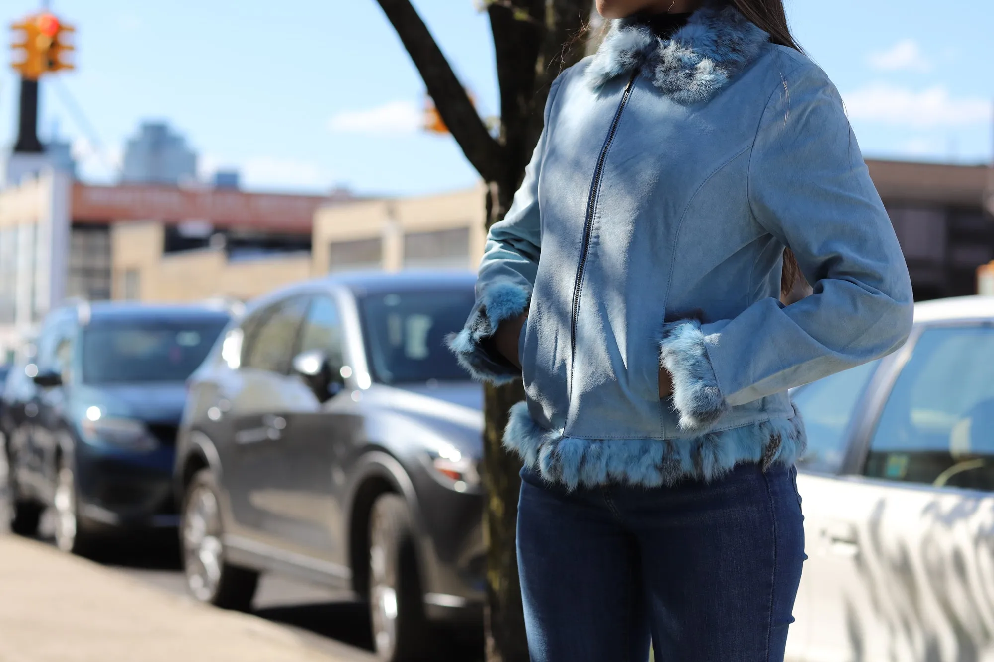 Suede Leather with Fur Trim - Blue