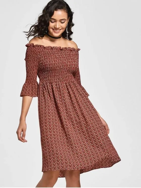 TastyHottie - Trendy Tiny Floral Smocked Off Shoulder Midi Dress