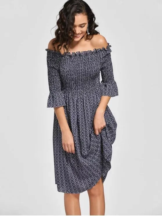 TastyHottie - Trendy Tiny Floral Smocked Off Shoulder Midi Dress