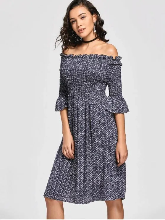 TastyHottie - Trendy Tiny Floral Smocked Off Shoulder Midi Dress