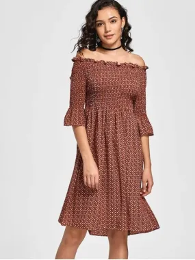 TastyHottie - Trendy Tiny Floral Smocked Off Shoulder Midi Dress