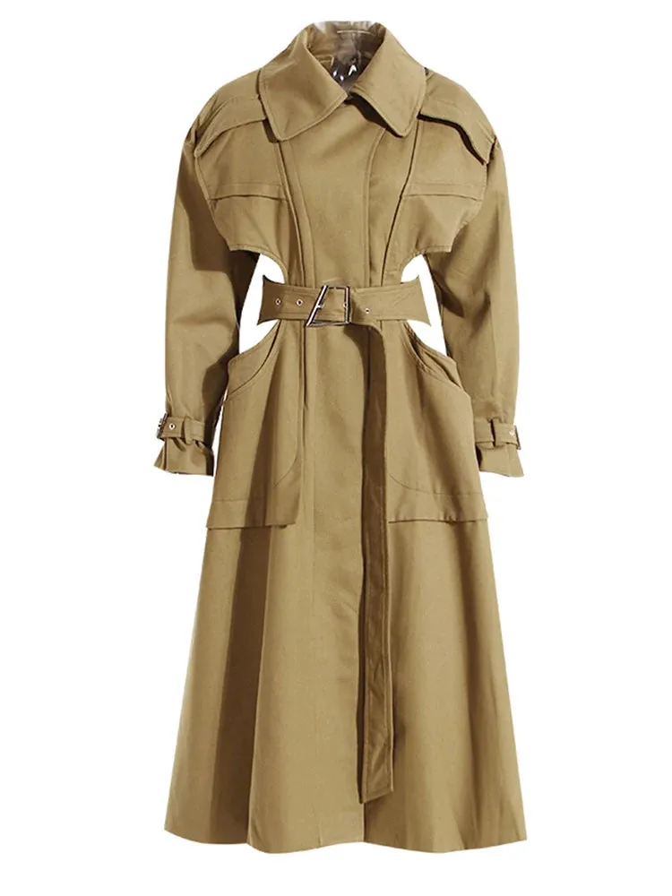 TEEK - Army Green Peep Waist Long Trench Coat