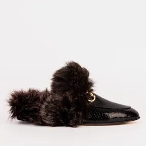 The Izmir Black Patent Leather Natural Fur Women Slipper