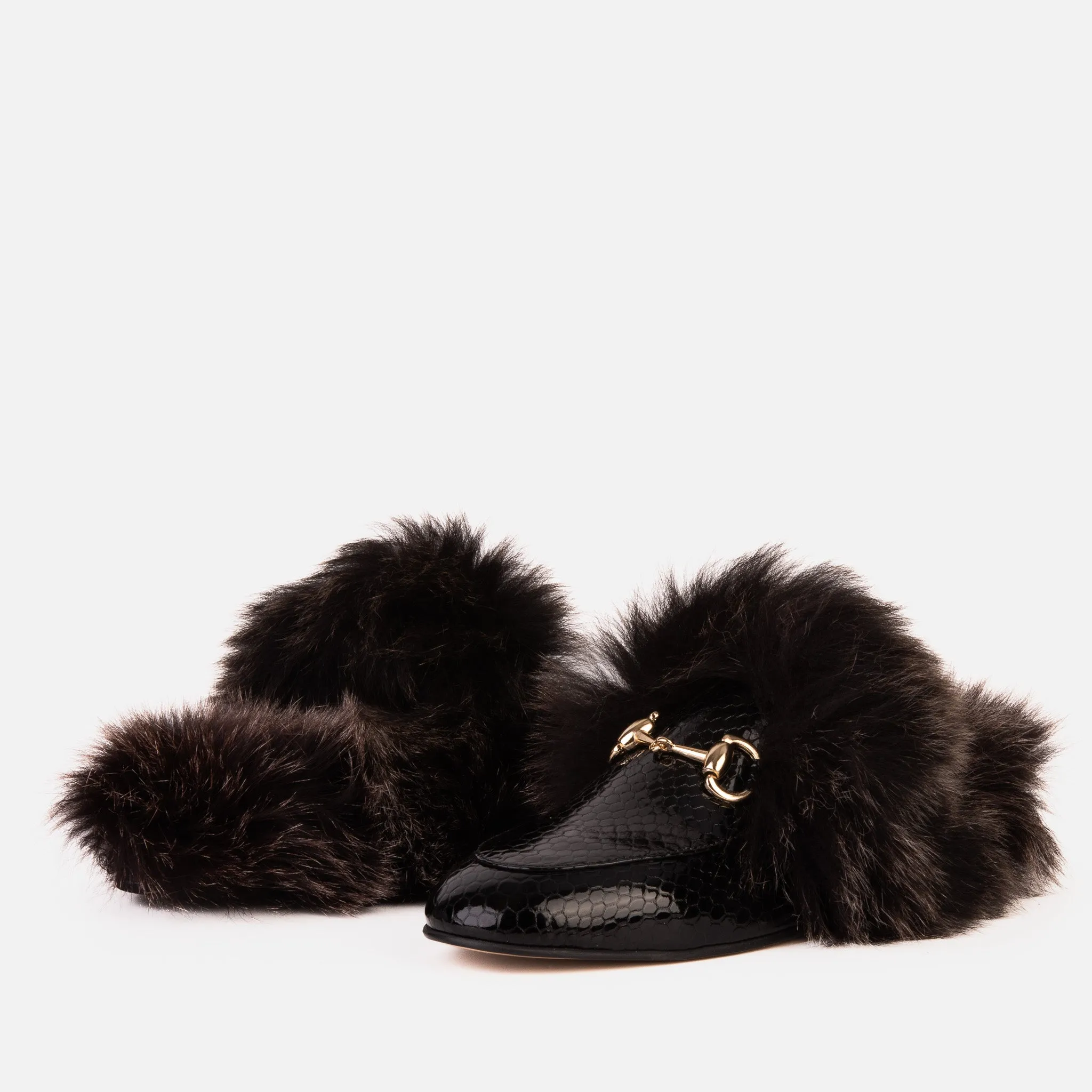 The Izmir Black Patent Leather Natural Fur Women Slipper