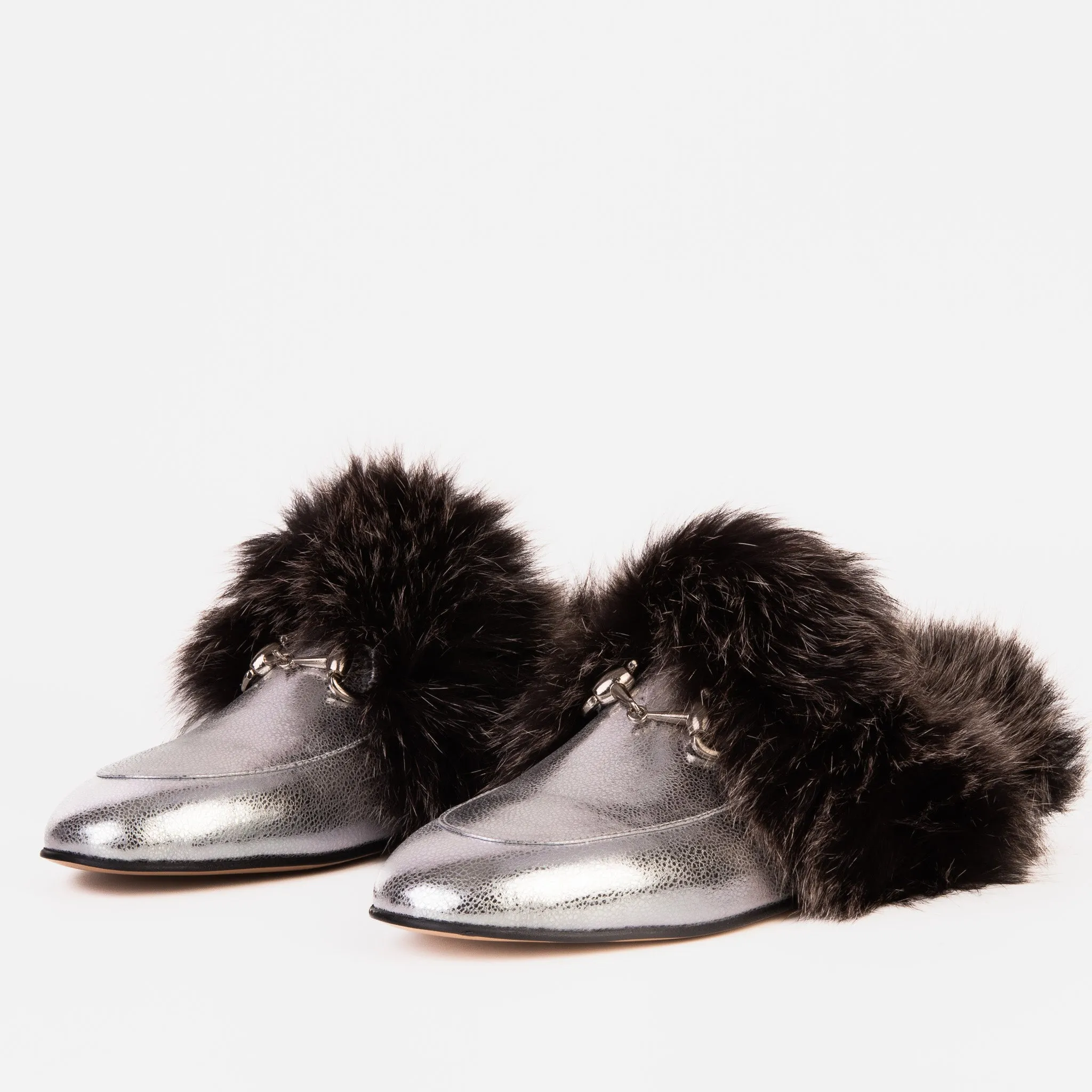 The Izmir Silver Leather Natural Fur Women Slipper