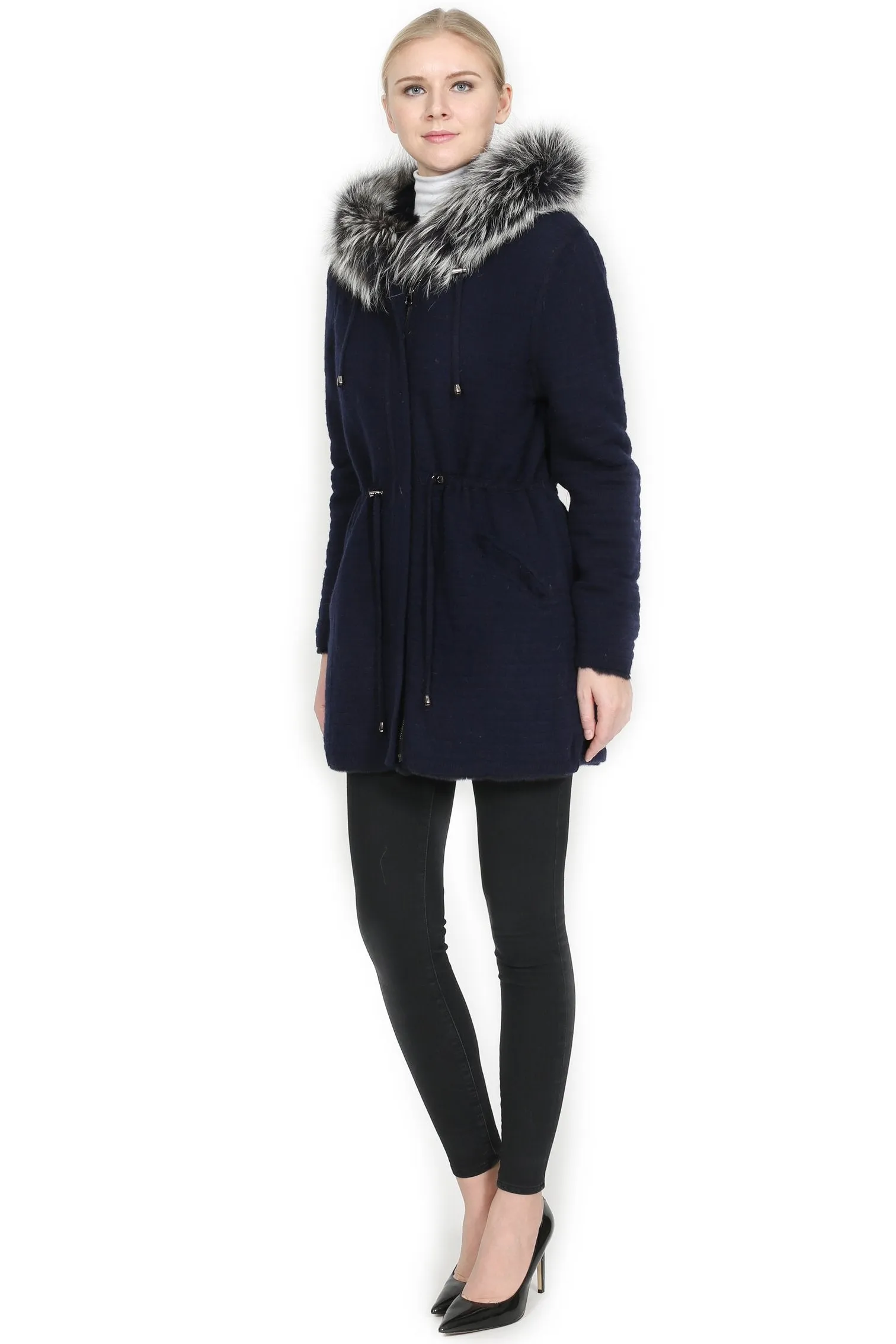 THE SELKIRK Reversible Rex Rabbit Fur Jacket with Silver Fox Trim Hood