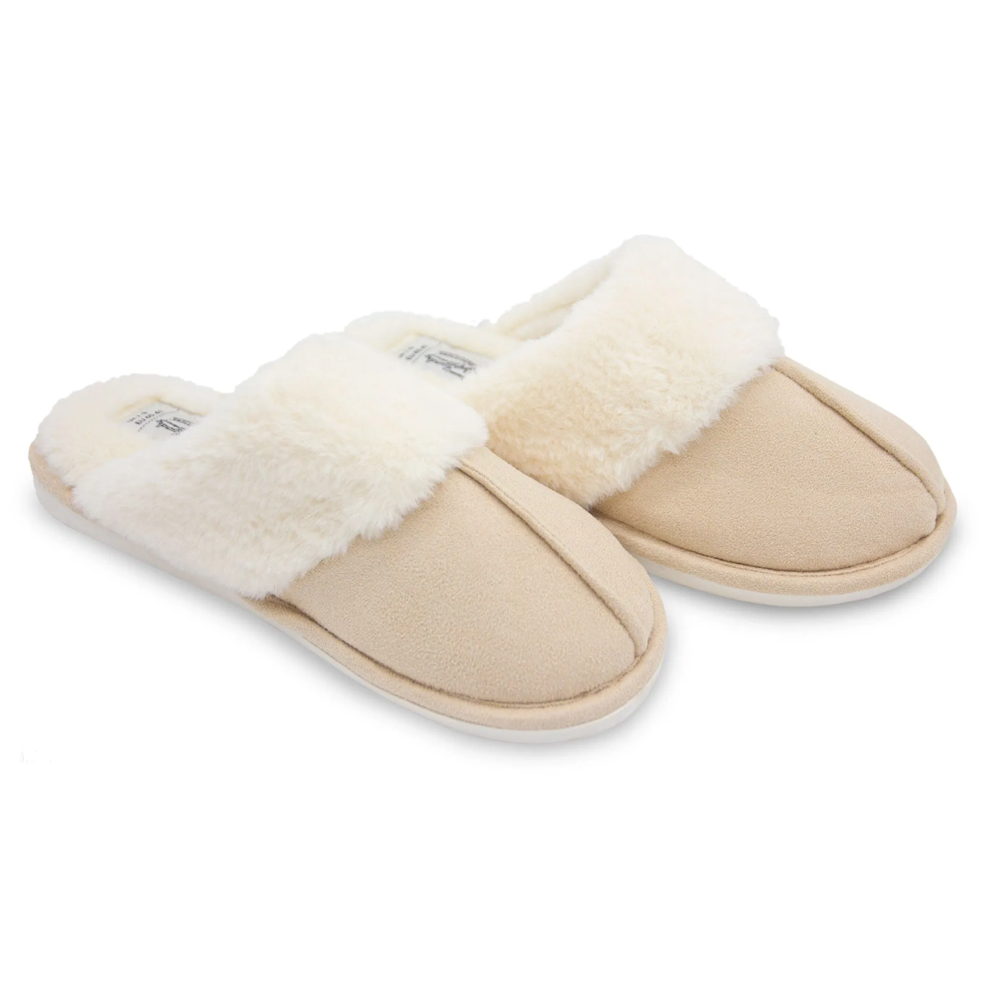 Tokyo Laundry Womens Rio Faux Suede Mule Slippers With Faux Fur Lining & Trim In Beige