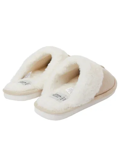 Tokyo Laundry Womens Rio Faux Suede Mule Slippers With Faux Fur Lining & Trim In Beige